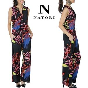 N Natori Crepe Jumpsuit Romper Playsuit Bold Fern Print Button Front S-M-L